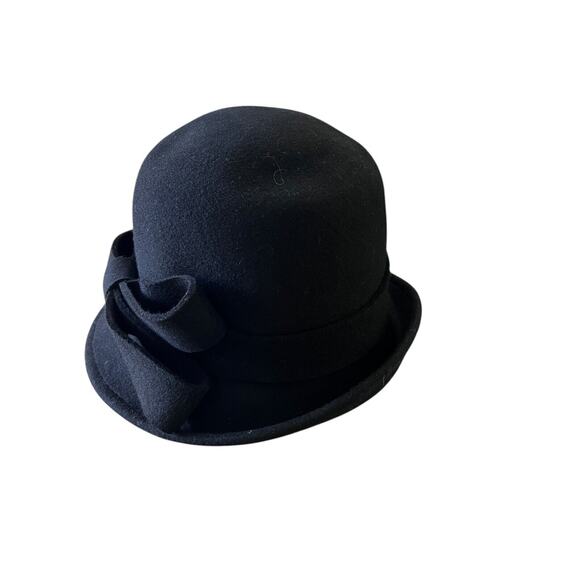 Kate Landry Womans Cloche Hat Black Boho Bow Accent 100% Wool Retro - Picture 2 of 9